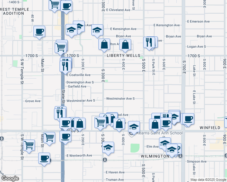 map of restaurants, bars, coffee shops, grocery stores, and more near 352 East Garfield Avenue in Salt Lake City