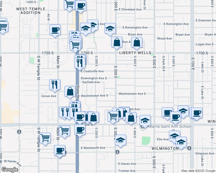 map of restaurants, bars, coffee shops, grocery stores, and more near 253 East Garfield Avenue in Salt Lake City