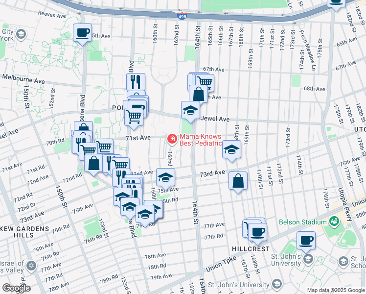 map of restaurants, bars, coffee shops, grocery stores, and more near 71-25 163rd Street in Queens