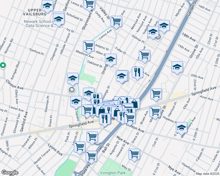 map of restaurants, bars, coffee shops, grocery stores, and more near 64 Cummings Street in Irvington