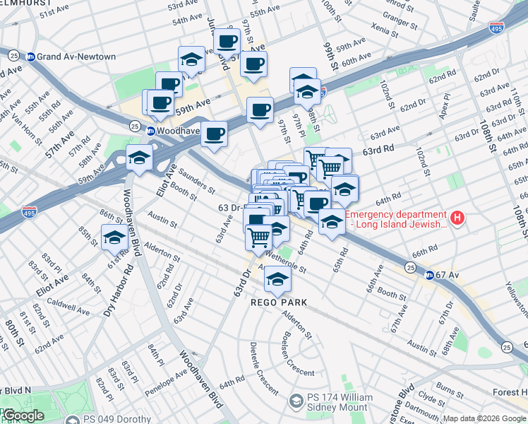 map of restaurants, bars, coffee shops, grocery stores, and more near 63-45 Saunders Street in Queens