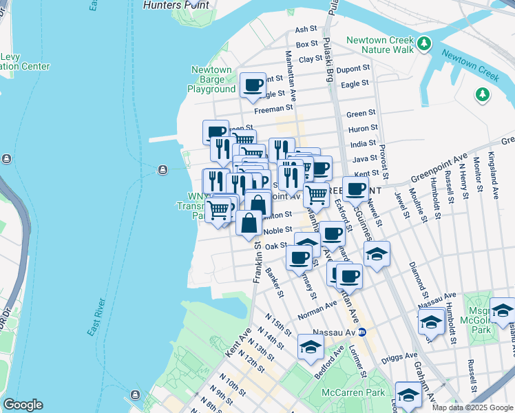 map of restaurants, bars, coffee shops, grocery stores, and more near 134 Franklin Street in Brooklyn