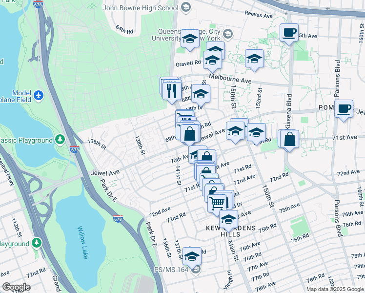 map of restaurants, bars, coffee shops, grocery stores, and more near Jewel Avenue in Queens