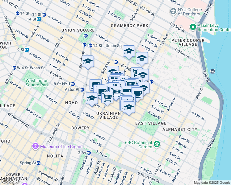 map of restaurants, bars, coffee shops, grocery stores, and more near 213 East 10th Street in New York