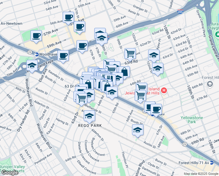 map of restaurants, bars, coffee shops, grocery stores, and more near 9720 64th Avenue in Queens