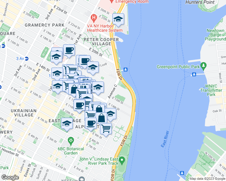 map of restaurants, bars, coffee shops, grocery stores, and more near Avenue C & East 16 Street in New York