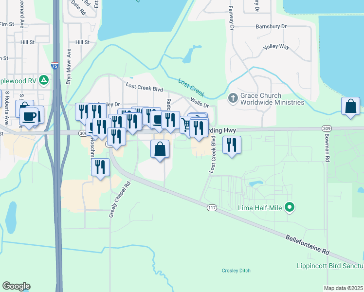 map of restaurants, bars, coffee shops, grocery stores, and more near 2250 Harding Highway in Lima