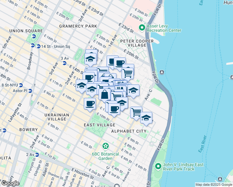 map of restaurants, bars, coffee shops, grocery stores, and more near 524 East 14th Street in New York