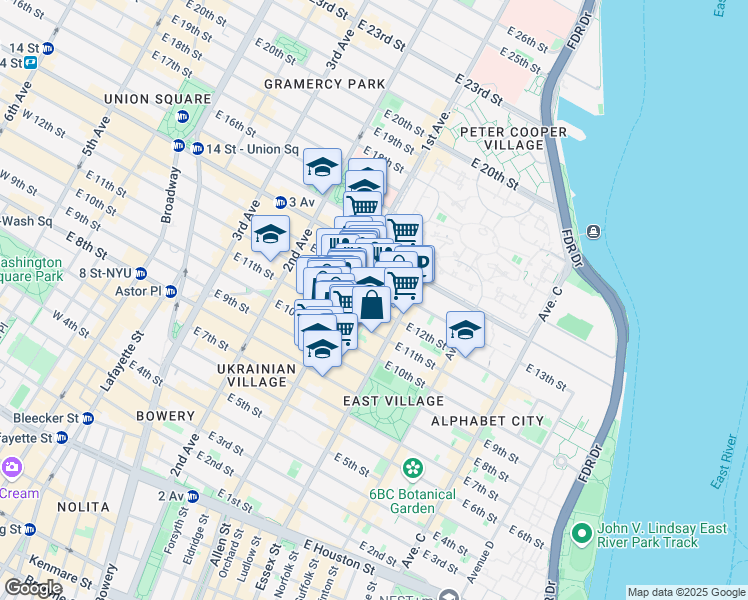 map of restaurants, bars, coffee shops, grocery stores, and more near 200 1st Avenue in New York