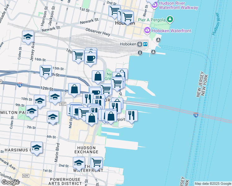 map of restaurants, bars, coffee shops, grocery stores, and more near 20 Newport Parkway in Jersey City