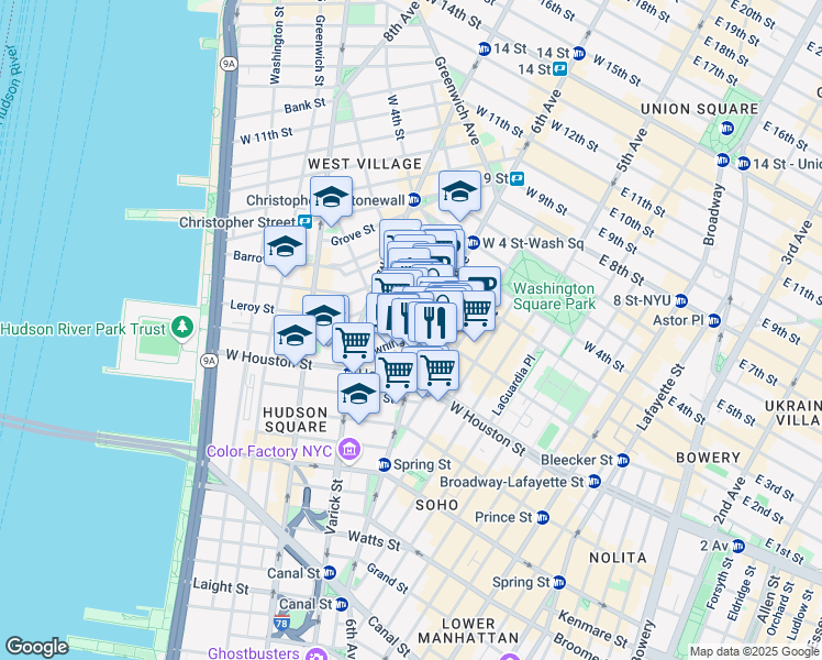 map of restaurants, bars, coffee shops, grocery stores, and more near 1 Minetta Street in New York