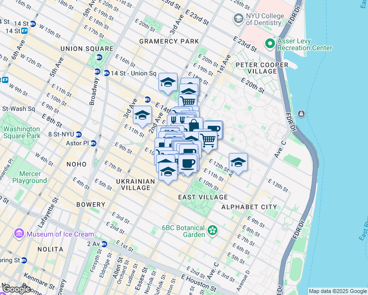 map of restaurants, bars, coffee shops, grocery stores, and more near 200 1st Avenue in New York