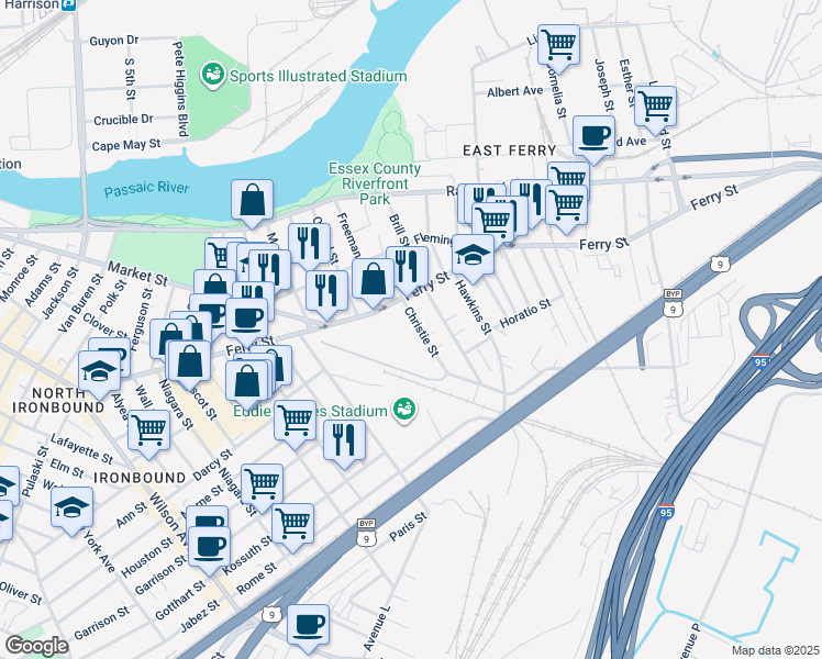 map of restaurants, bars, coffee shops, grocery stores, and more near 122 Christie Street in Newark