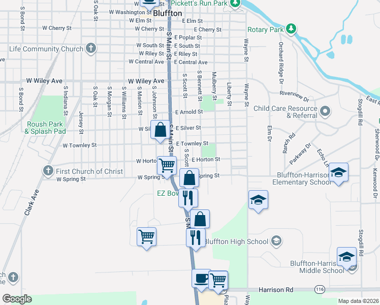 map of restaurants, bars, coffee shops, grocery stores, and more near 1023 South Scott Street in Bluffton
