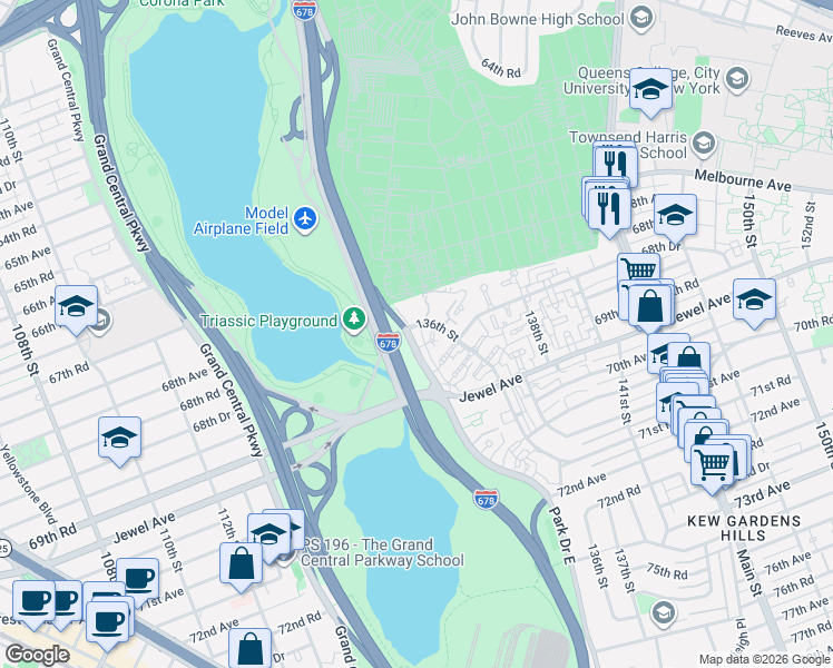 map of restaurants, bars, coffee shops, grocery stores, and more near 67-01 Park Drive East in Queens