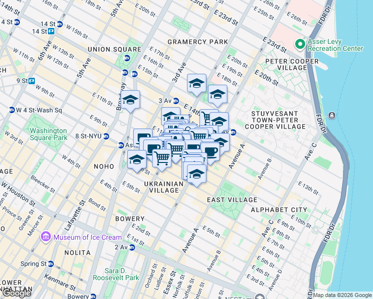 map of restaurants, bars, coffee shops, grocery stores, and more near 318 East 11th Street in New York