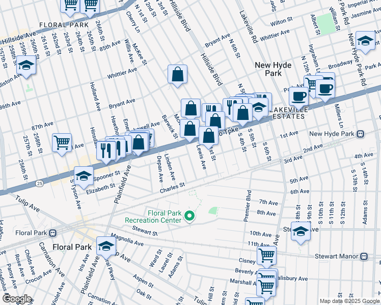 map of restaurants, bars, coffee shops, grocery stores, and more near 17 Sycamore Avenue in Floral Park