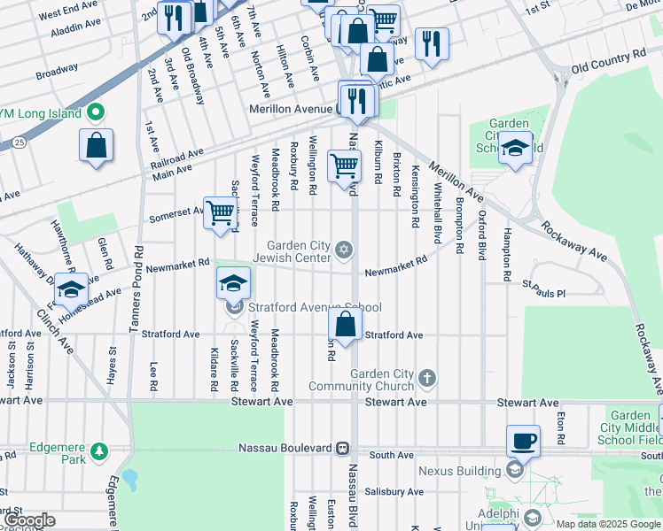map of restaurants, bars, coffee shops, grocery stores, and more near 160 Euston Rd in Garden City