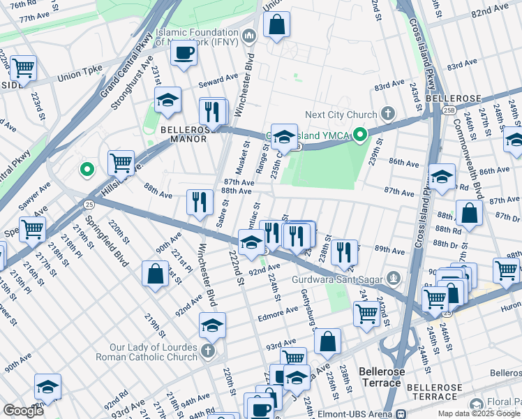 map of restaurants, bars, coffee shops, grocery stores, and more near 88-25 Pontiac Street in Queens