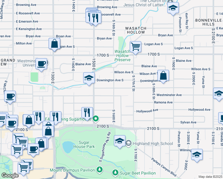 map of restaurants, bars, coffee shops, grocery stores, and more near 1860 South 1600 East in Salt Lake City