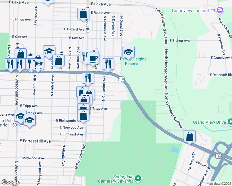 map of restaurants, bars, coffee shops, grocery stores, and more near 1508 East London Avenue in Peoria