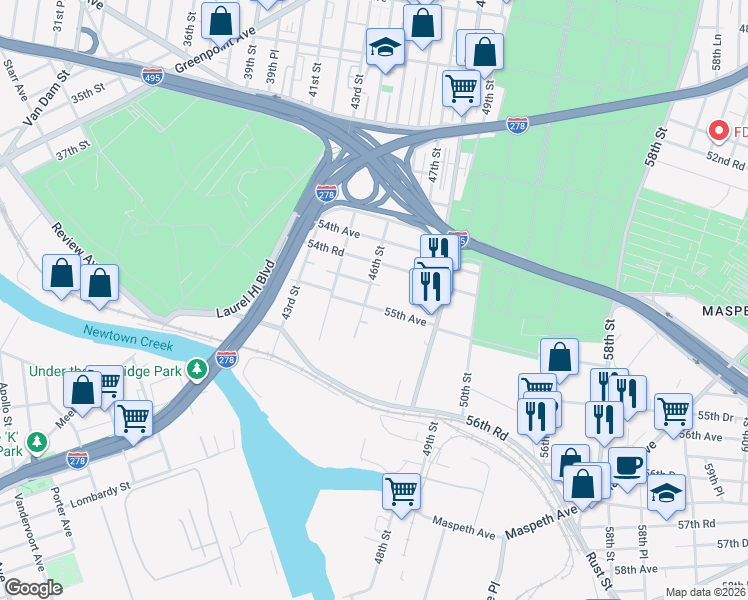 map of restaurants, bars, coffee shops, grocery stores, and more near 54-61 46th Street in Queens
