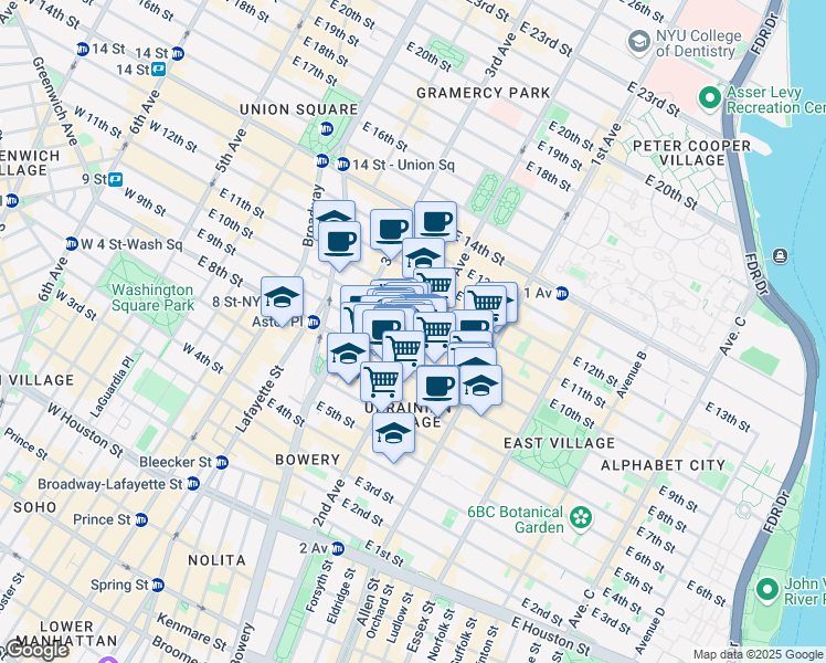 map of restaurants, bars, coffee shops, grocery stores, and more near 149 2nd Avenue in New York