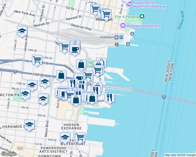 map of restaurants, bars, coffee shops, grocery stores, and more near in Jersey City