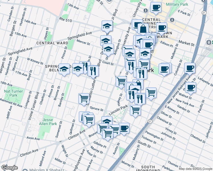 map of restaurants, bars, coffee shops, grocery stores, and more near in Newark