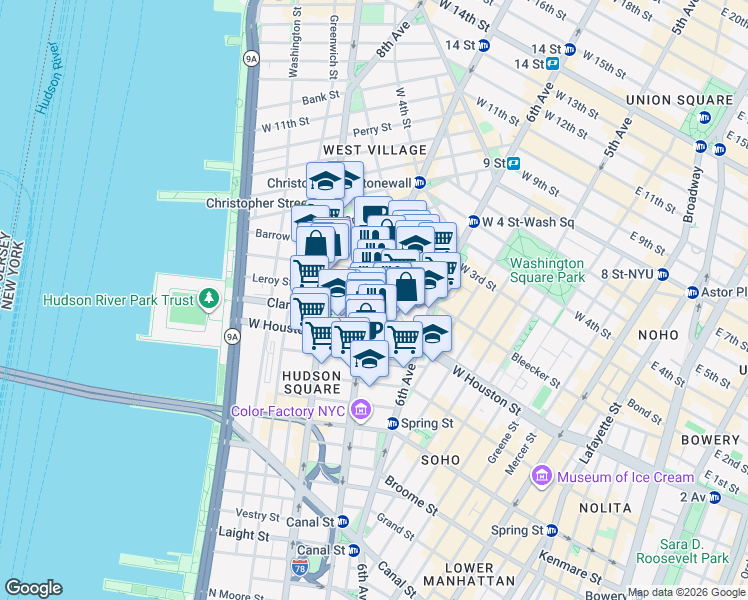 map of restaurants, bars, coffee shops, grocery stores, and more near 1 7th Avenue South in New York