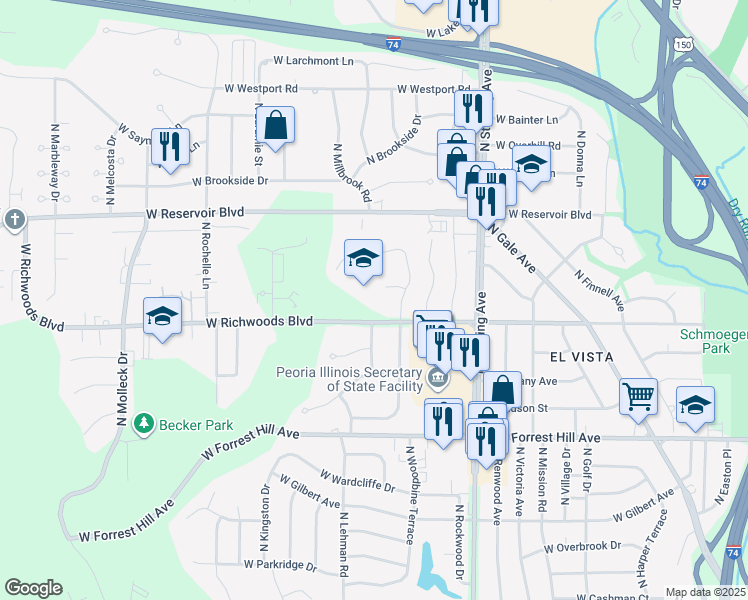 map of restaurants, bars, coffee shops, grocery stores, and more near 2721 West Richwoods Boulevard in Peoria