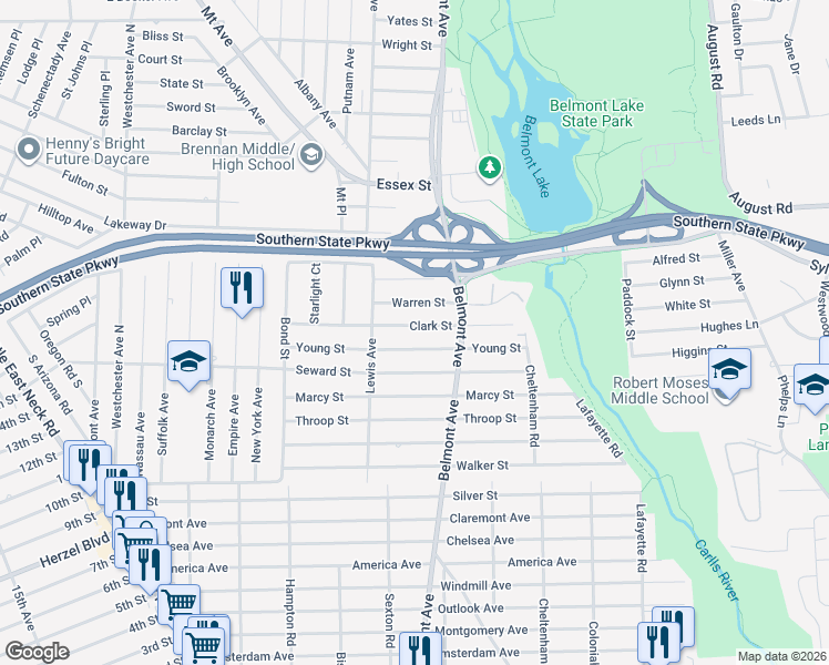 map of restaurants, bars, coffee shops, grocery stores, and more near 215 Young Street in West Babylon