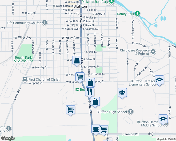 map of restaurants, bars, coffee shops, grocery stores, and more near 1023 S Scott St in Bluffton