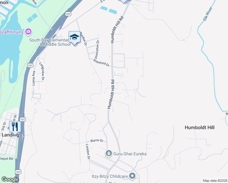 map of restaurants, bars, coffee shops, grocery stores, and more near 6447 Humboldt Hill Rd in Eureka