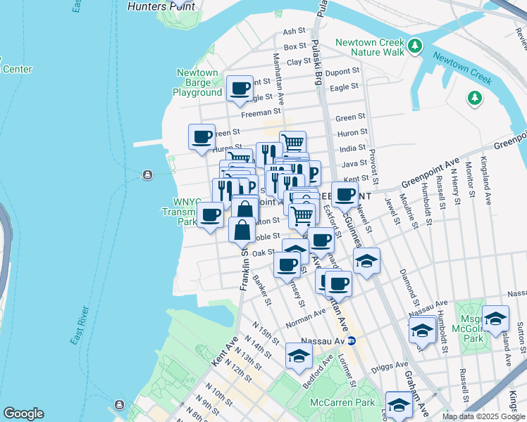 map of restaurants, bars, coffee shops, grocery stores, and more near 123 Milton Street in Brooklyn
