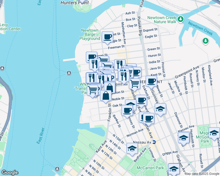 map of restaurants, bars, coffee shops, grocery stores, and more near 134 Franklin Street in Brooklyn