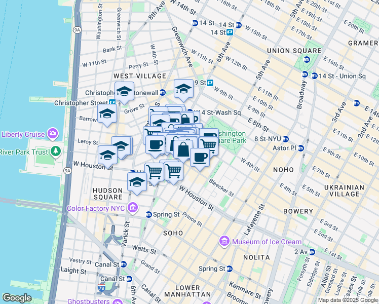 map of restaurants, bars, coffee shops, grocery stores, and more near 190 Bleecker Street in New York