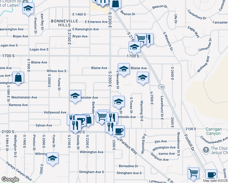 map of restaurants, bars, coffee shops, grocery stores, and more near 1877 South 2300 East in Salt Lake City