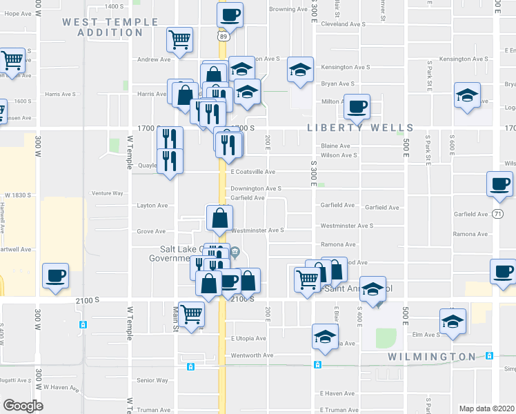 map of restaurants, bars, coffee shops, grocery stores, and more near 1869 Edison Street in Salt Lake City