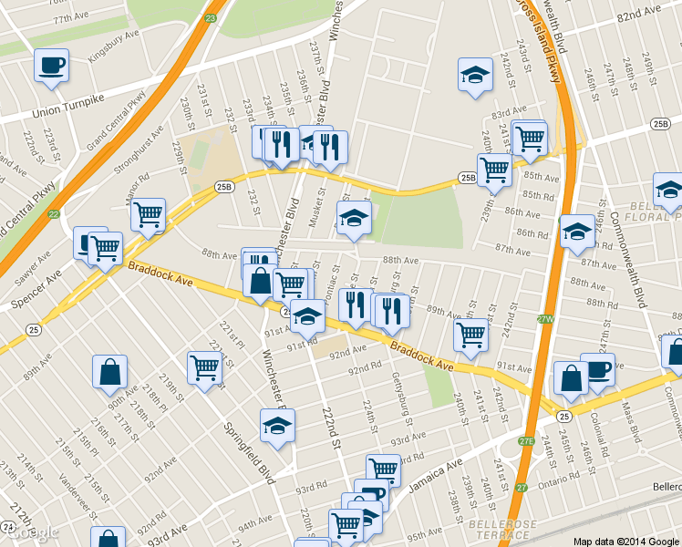 map of restaurants, bars, coffee shops, grocery stores, and more near 89-7 Pontiac Street in Queens