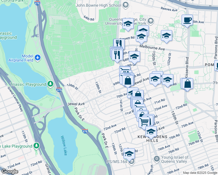 map of restaurants, bars, coffee shops, grocery stores, and more near 138-29 Jewel Avenue in Queens