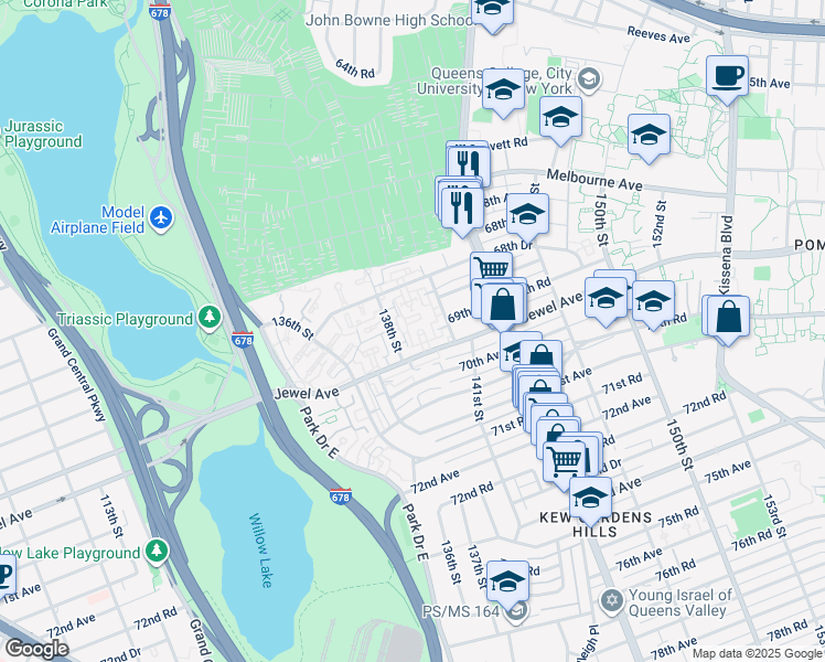 map of restaurants, bars, coffee shops, grocery stores, and more near 138-29 Jewel Avenue in Queens