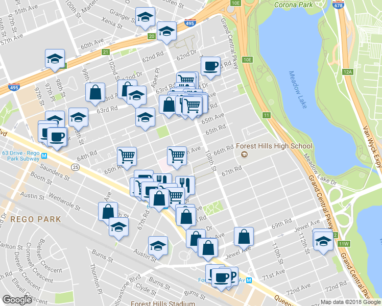 map of restaurants, bars, coffee shops, grocery stores, and more near 105-20 66th Avenue in Queens