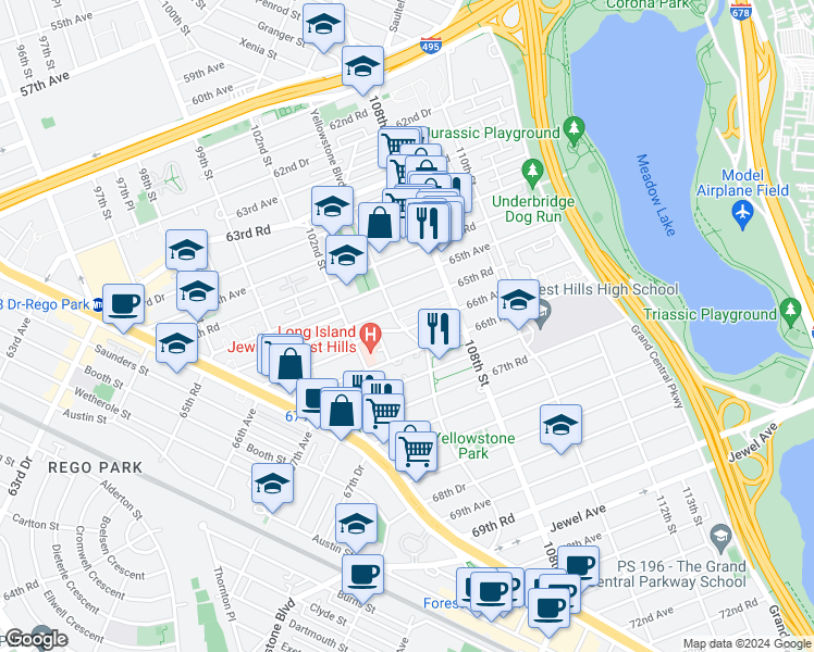 map of restaurants, bars, coffee shops, grocery stores, and more near 105-20 66th Avenue in Queens