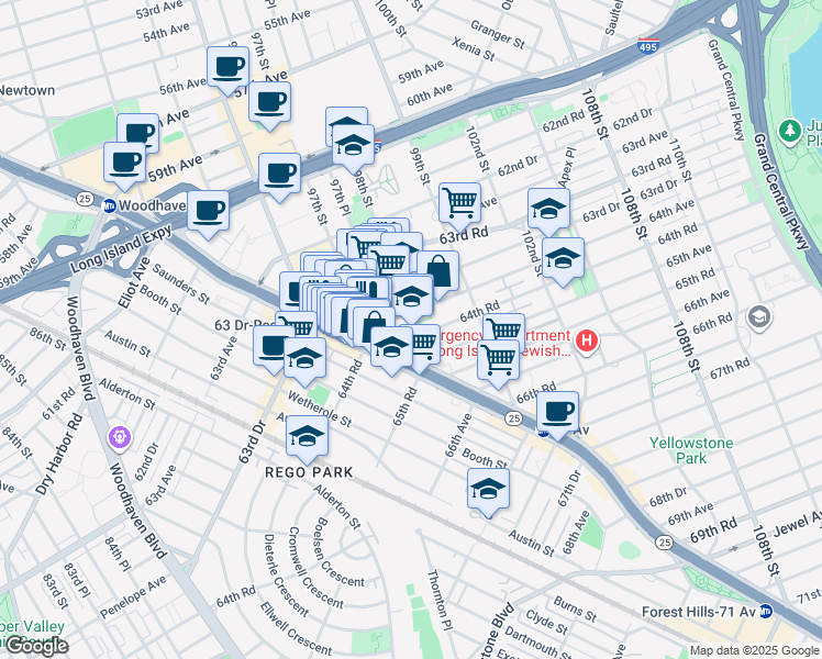 map of restaurants, bars, coffee shops, grocery stores, and more near 97-30 64th Road in Queens