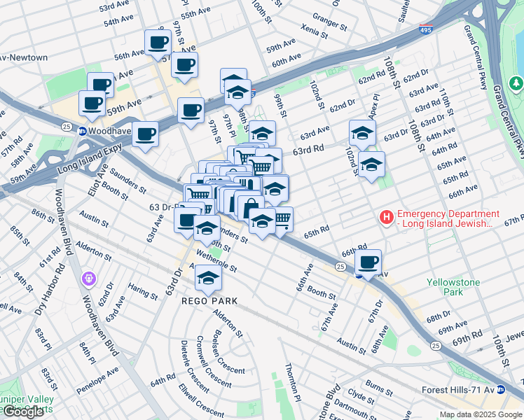 map of restaurants, bars, coffee shops, grocery stores, and more near in Queens