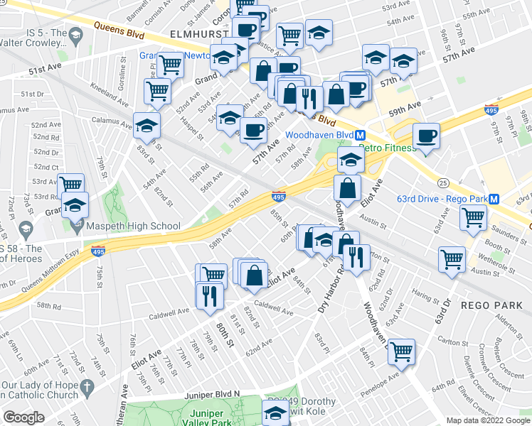 map of restaurants, bars, coffee shops, grocery stores, and more near 58-20 84th Place in Queens