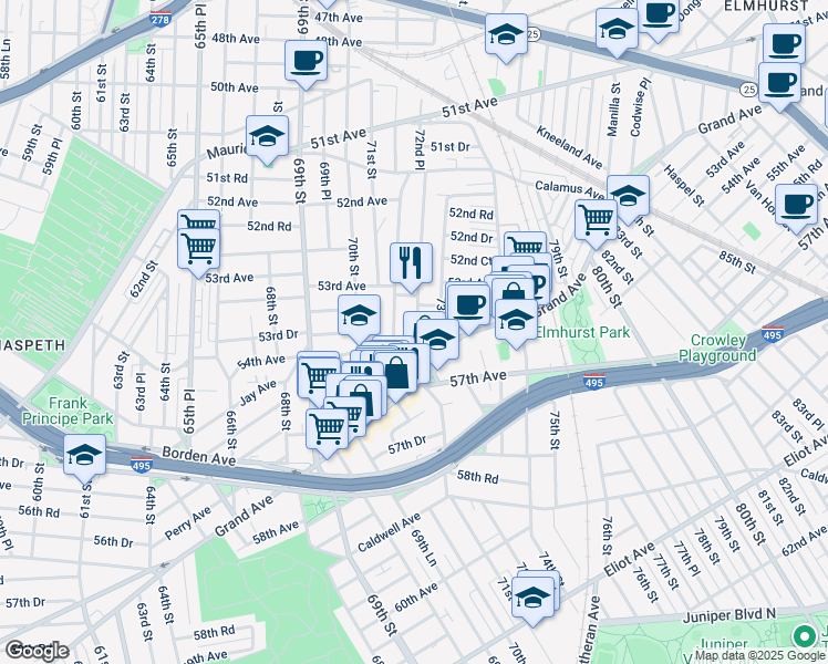 map of restaurants, bars, coffee shops, grocery stores, and more near 53-60 72nd Place in Queens
