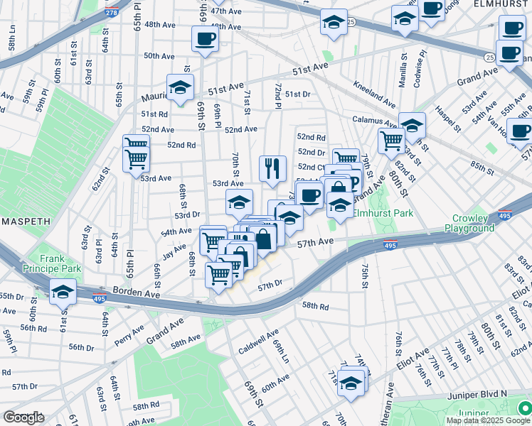 map of restaurants, bars, coffee shops, grocery stores, and more near 53-60 72nd Place in Queens