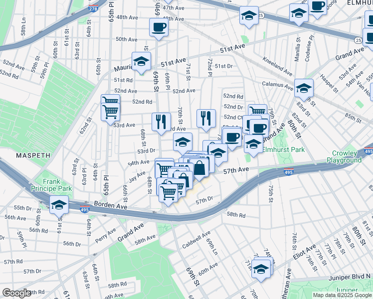 map of restaurants, bars, coffee shops, grocery stores, and more near 54-05 71st Street in Queens